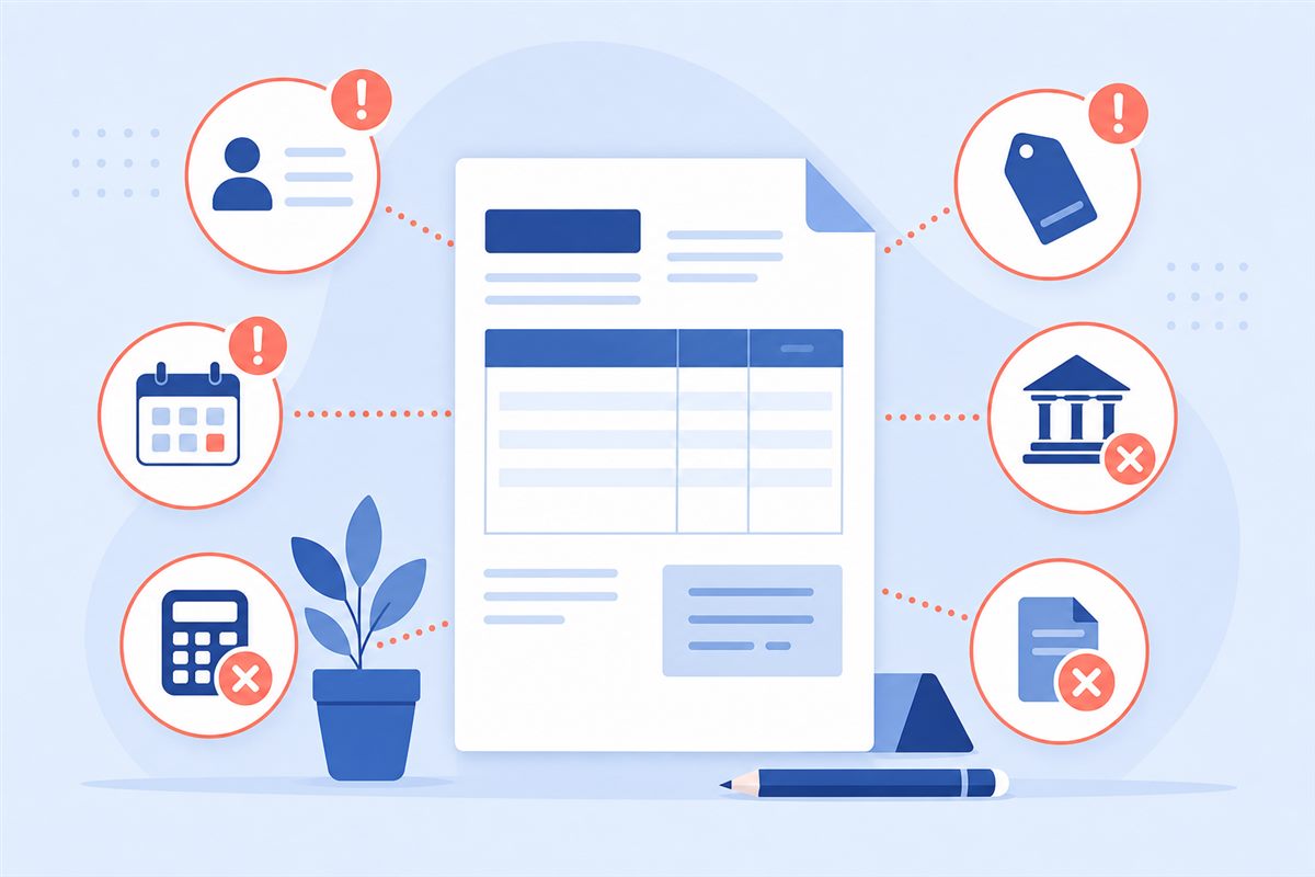 Common invoice mistakes freelancers make highlighted with warning icons around a document