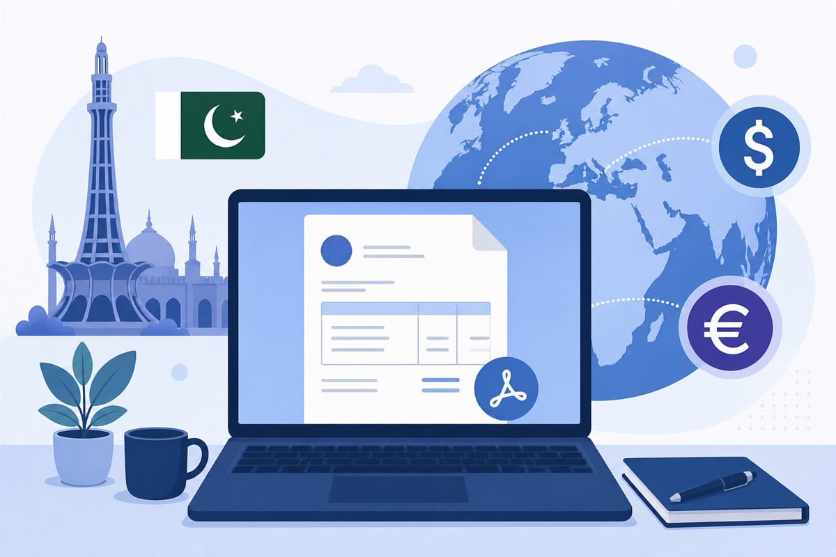 Pakistani freelancer creating an international invoice with global currency and payment options