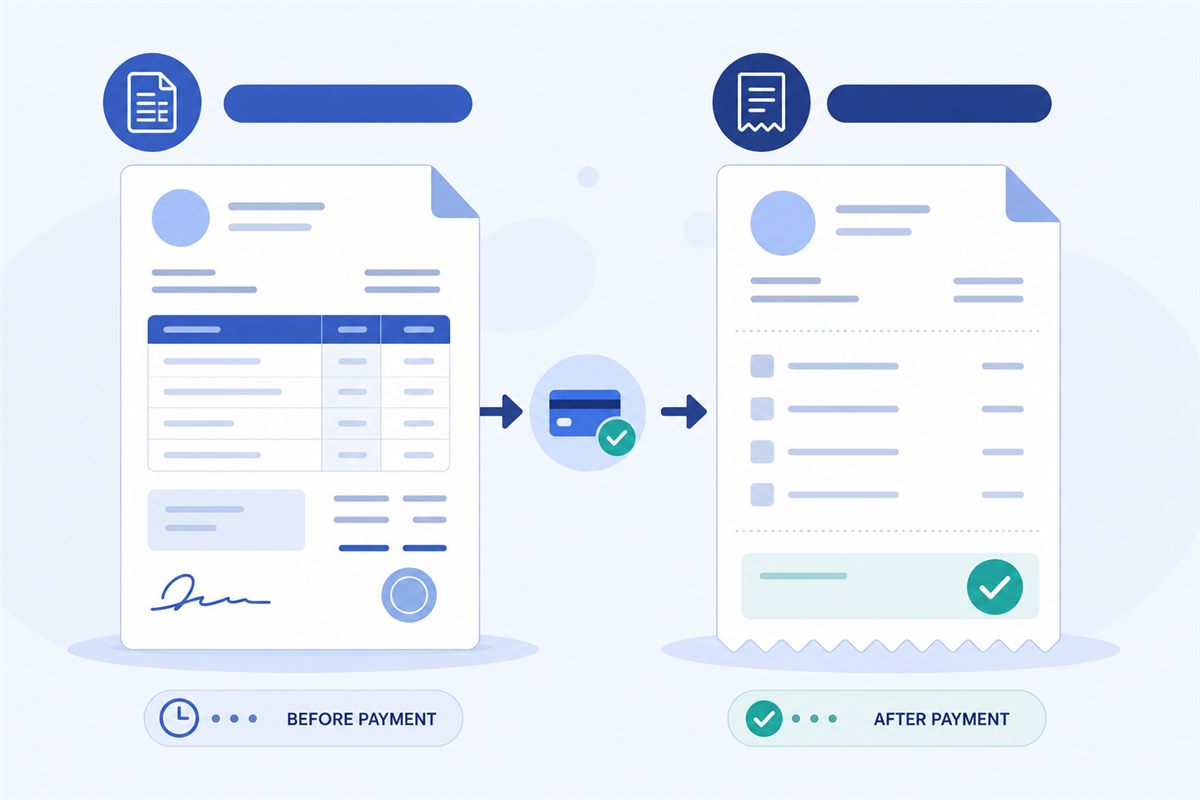 Side-by-side comparison of an invoice versus a receipt showing key differences