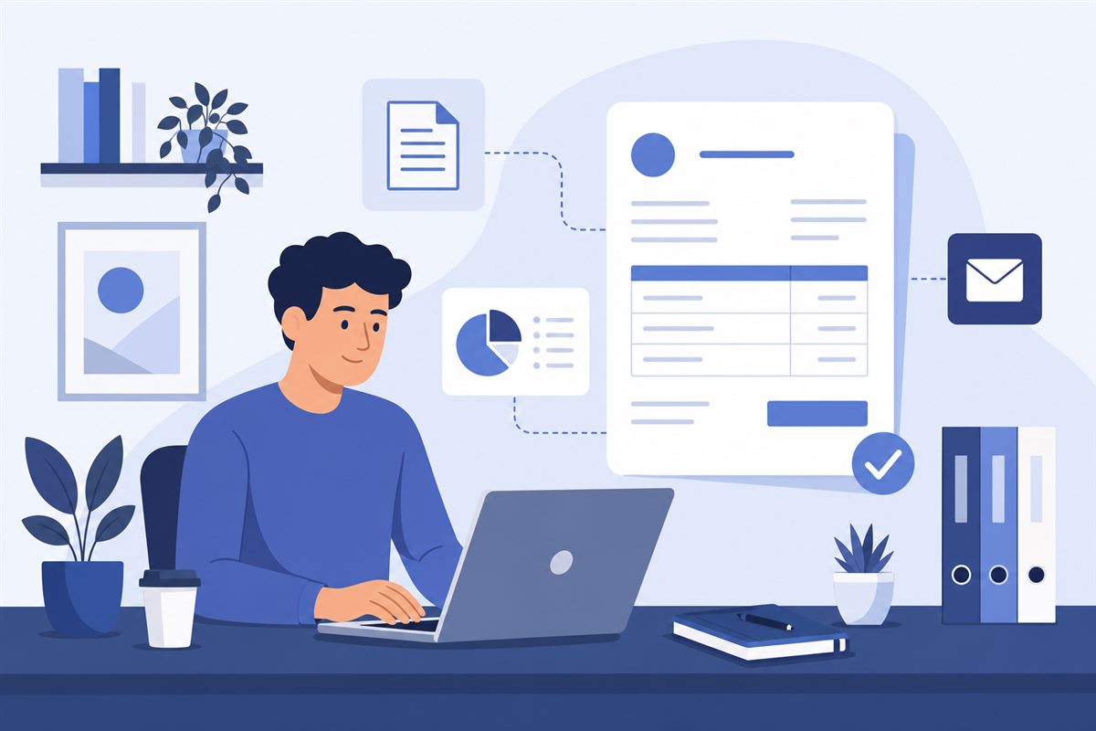 Self-employed freelancer managing invoices and billing from a home office